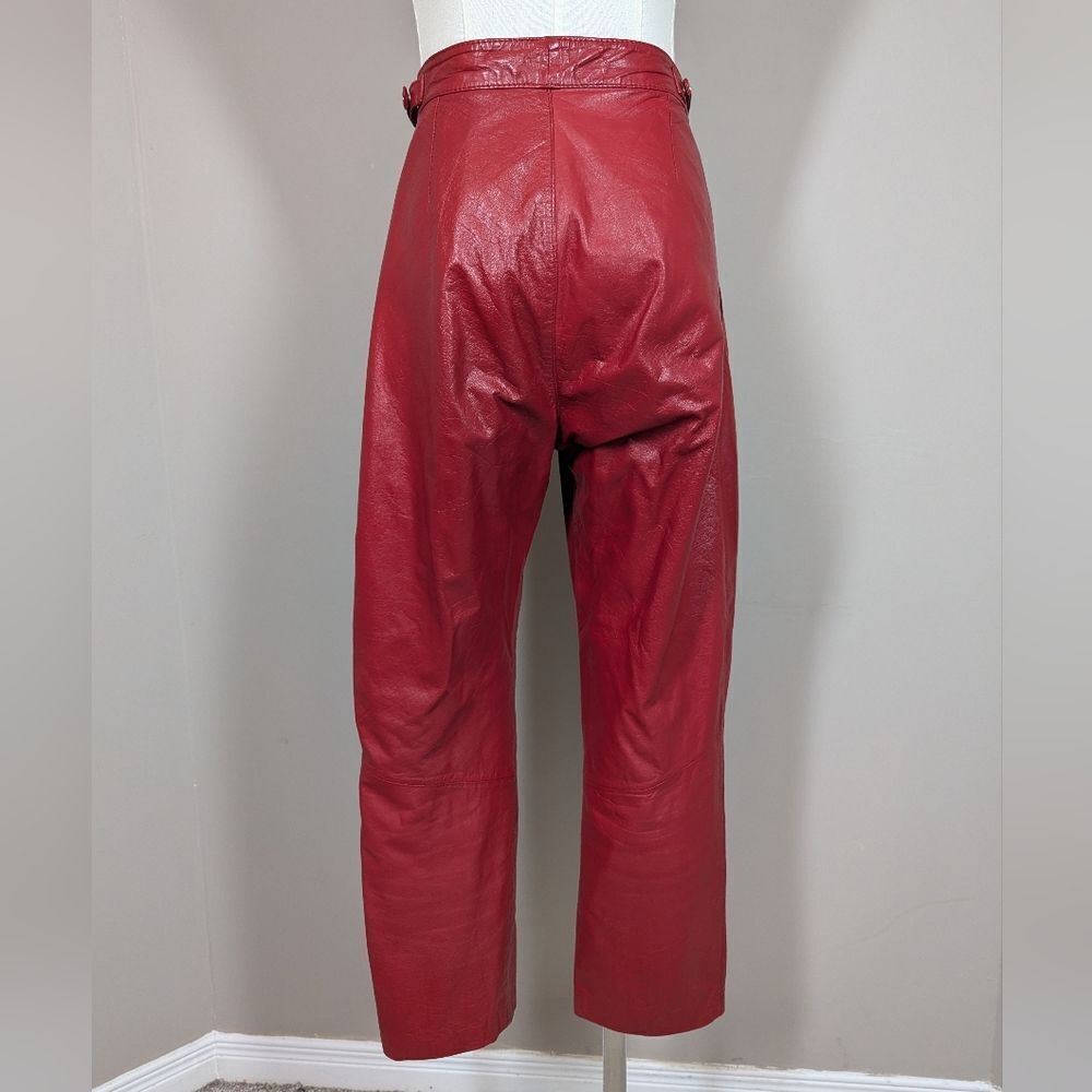 Vintage 80s Red High Waist Genuine Leather Pants Sz 5 Pleated Front - Picture 7 of 8